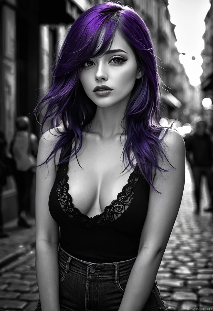 sexy girl, long purple hair,posing on the street in Brussels, dressed in jeans and a very tight black tank top, marked nipples,,(best quality, 4k, 8k, high resolution, masterpiece: 1.2), ultra-detailed, (realistic, photorealistic, photorealistic: 1.37), details intricate, vivid colors, sharp focus, professional, surrealism oil touch, portrait, woman, beautiful detailed eyes, beautiful detailed lips, dreamy atmosphere, shadow play, lighting soft, fun pose, dark tones, ethereal background, fantasy elements, texture, layered composition.realistic black and white photography, shadows, sensual, dramatic lighting, moody atmosphere, photorealistic, intricate details, masterpiece, ultra detailed, high quality, 8k, best quality, realistic, cinematic, dark and brooding, expressionist, powerful composition, emotional impact {{{,{pussy,spread her pussy,cum,cum on pussy,masterbation,straddling,y}}
