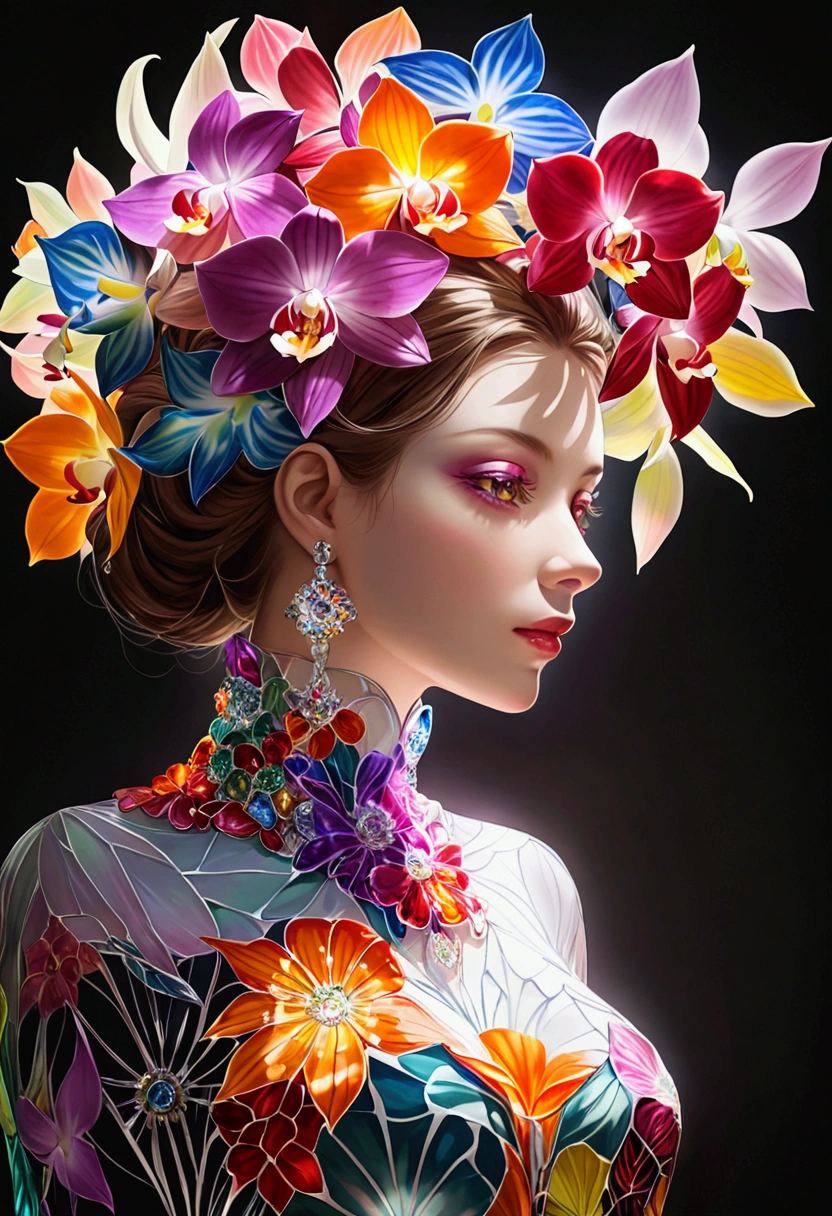 (masterpiece), (Highest quality), (Super Detail), none, psychedelic, Mysterious Woman, Portraiture, Color swirl, orchid, Beautifully expressive,Layered Outlines,Depth and size,Creative Expression,translucent form,Crystal structure,Glowing Lines,fluorescence,Glow Example,Tracking example,flash,fluorescence particles,Backlight,translucent,Light Particle Blur,Lighting Effects