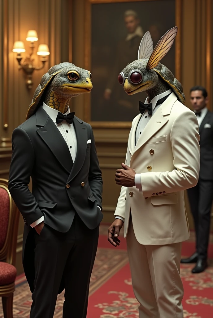 Mr. Turtle in an elegant black suit and Mr. Fly in an elegant white suit