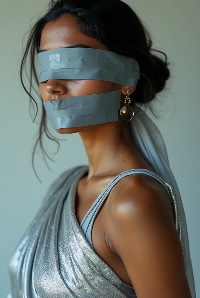 Aesthetic Indian Girl blindfolded gray Duct tape gagged in silver shimmering saree Taking selfie 