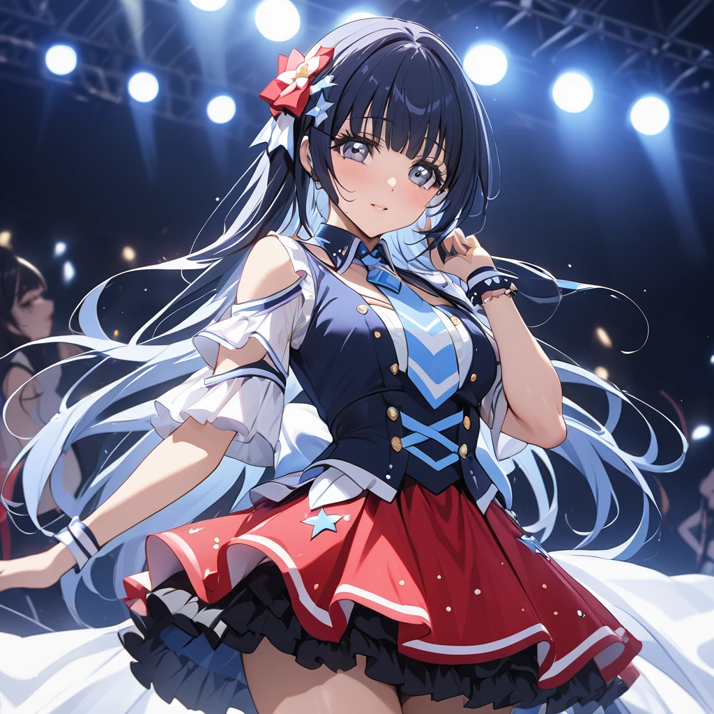 ((Highest quality)), ((masterpiece)), (detailed), （Perfect Face）、The woman is Reika Aoki with semi-long hair、The woman is a member of an idol group, wearing an idol costume and performing live on stage.
