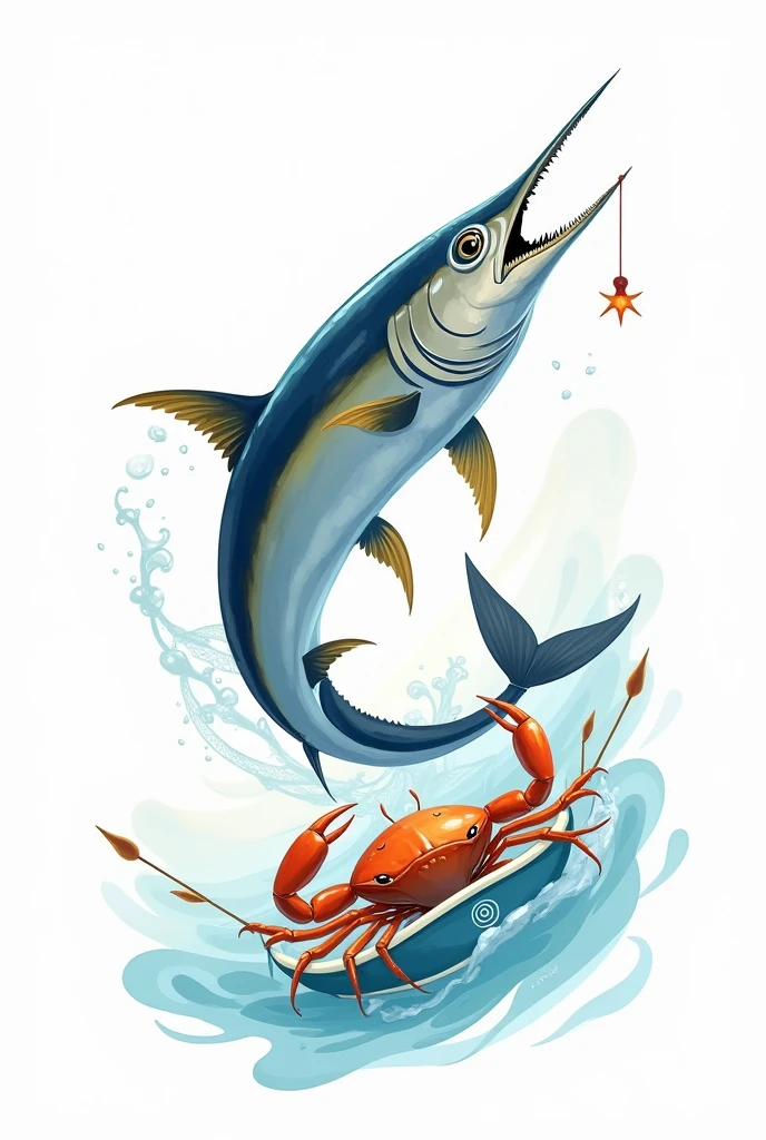 Create a digital illustration in a smooth, curved style featuring three main elements against a white background: a Thunnus albacares tuna with an elongated, hydrodynamic body, characterized by graceful, flowing lines, a dark blue back that transitions into a shimmering silver belly, large expressive eyes, and a pointed mouth adorned with sharp teeth; a Chaceon crab with a rounded, convex carapace highlighted by elegant curves and serrated edges, long slender legs that extend gracefully, vibrant orange-red coloration, small, bright eyes, and delicate antennae; and a fishing boat designed with soft, rounded shapes, featuring an elongated hull, gently curved bow and stern, a cabin with a smooth roof, and fishing nets draped over the sides. The overall composition should emphasize the fluidity and harmony of these marine elements, creating a visually captivating and cohesive image.