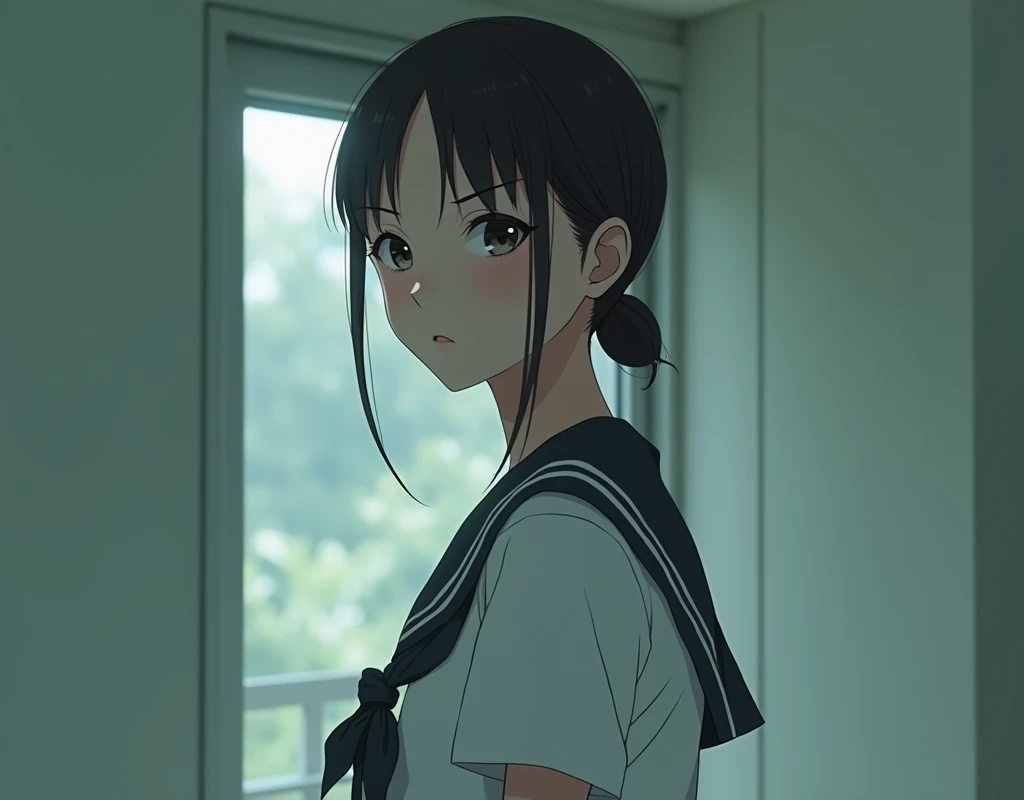 Realistic glowing skin, (発Sweat:1.8),sitting backwards,Look back at your face,Always look at the camera,(発Sweat:1.8),(Beautiful nipples in real life:1.6),,(whole body:1.9),(発Sweatしたリアルな白い肌:1.9),White socks, (Black leather shoes:1.8),
,Cold look,Cold Stare,Black Hair,short hair,Tie your hair short,Silky translucent white skin,,(Very detailed美しい顔), Great face and eyes, (Highest quality:1.4), (Very detailedな), (Very detailed CG 統合 8k 壁紙), Very detailed, High resolution raw color photos, Professional photography, Realistic portrait,Sweat,,(A Cup:1.9),(Flat Chest:1.9),(Very small breasts:1.9),(Breast augmentation:0.1),(Small breasts beginning to swell:1.9),(Breasts during puberty:1.9),
, (少女のwhole bodyの詳細なRAW写真), Canon EOS R5 250mm, Sharp focus, Cinema Lighting, (No makeup:1.2), Fine skin, Delicate collarbone,,(Ultra-high resolution:1.6), (Realistic:1.6),,(Japanese junior high school girls:1.9),(whole body:1.8),(Sweatが滴る肌:1.9),(Black pleated skirt for the lower body only:1.9),(Sweatで滲んだ肌:1.9),(Age is :1.9),(Raise one hand above your head:2),(Topless:1.9),Height is 155cm,Non-erect, thin nipples,very small nipples,Natural nipples,Real girl nipples,Not disgusting nipples、 (Armpit hair just starting to grow:1.9),(sit cross-legged:1.9),Sitting cross-legged,Sit, (Sitting cross-legged:1.9),