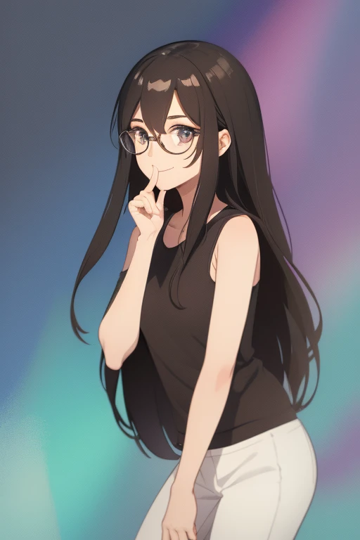 Full body, a woman with freckles, dark brown eyes, and an upturned nose, she is happy, with one peace sign hand, she has long wavy black hair, wearing aviator sunglasses with clear lenses in a soft watercolor style. The girl must be in pink, purple, and blue in celebration of the bisexual, with stains of ink and watercolor mixing and filling the scene. There should be a subtle, nuanced change in colors using the impasto technique with gouache paint. There should be a light rain in the watercolor painting with a little watercolor paper texture and a pastel background.