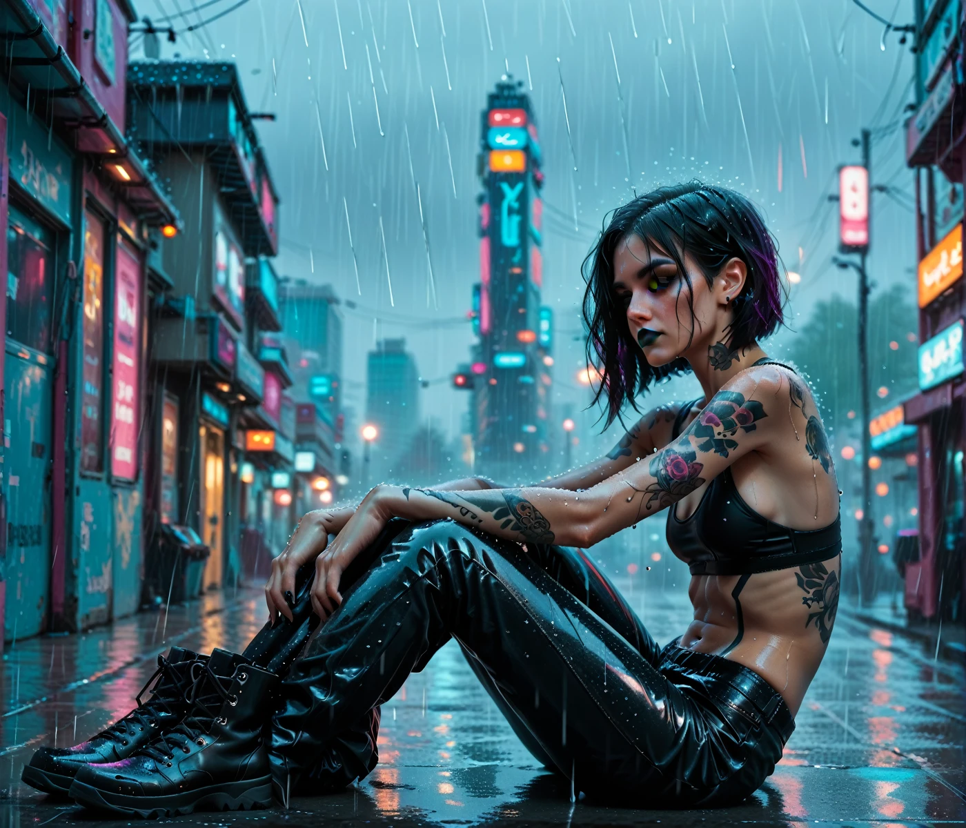 a futuristic cyberpunk world, the night, raining heavily, a woman with short black hair, purple colored eyes, black outlined, black eye shadow, black lipstick, body skinny, tattoos all over body, wearing only black pants, wearing military boots on his feet, shirtless and braless, your arms are robotic, she is on the roof of a building, raining heavily, ela esta shirtless and braless exibindo seus peitos, she is taking off her pants
