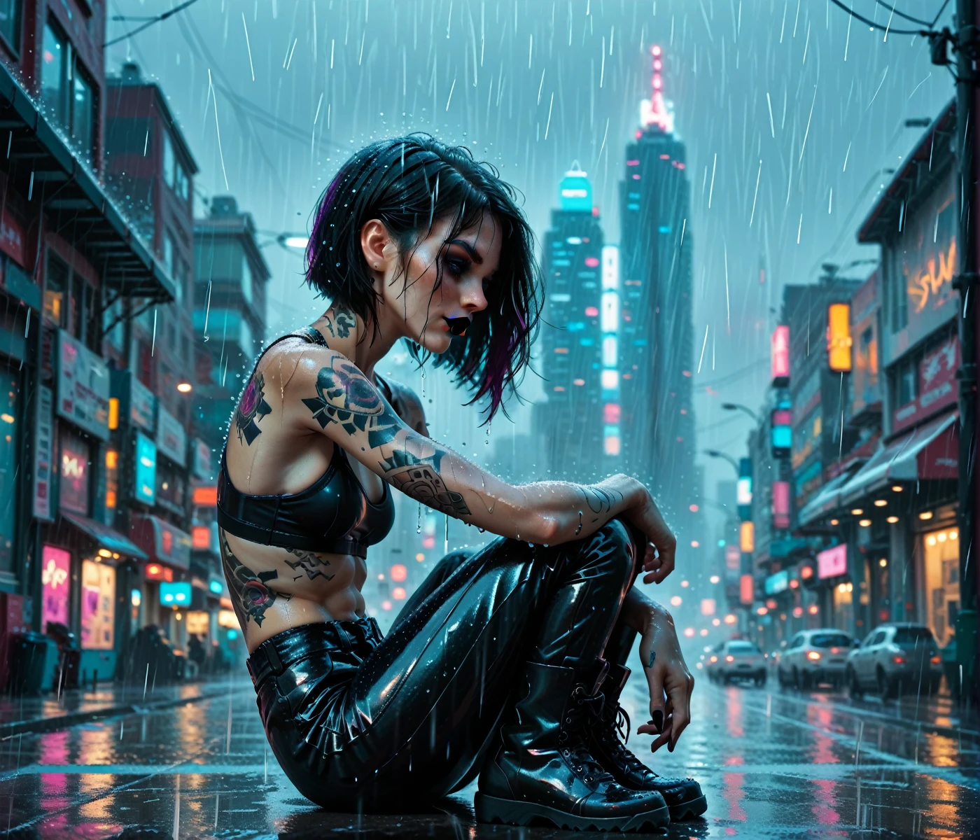masterpiece, best quality, ((smiling)) naked girl sitting on a large trashcan, Cyberpunk boots, wide open jacket, no bra, body tattoo, fully naked, spreading legs, exposed pussy, shoving pussy, hairy pussy, eye-catching accessories, trendy and innovative hairstyle, dazzling Cyberpunk cityscape, skyscrapers, neon signs, LED lights, bright and vivid color scheme, anime, illustration, detailed skin texture, beautiful detailed face, intricate details, ultra detailed, cinematic lighting, dark shadows.