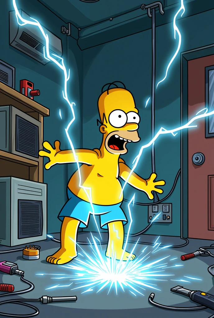 Make a drawing of the character of Homer ,in which he is electrocuted because of a cable that is lying on the floor of an air conditioning repair workshop