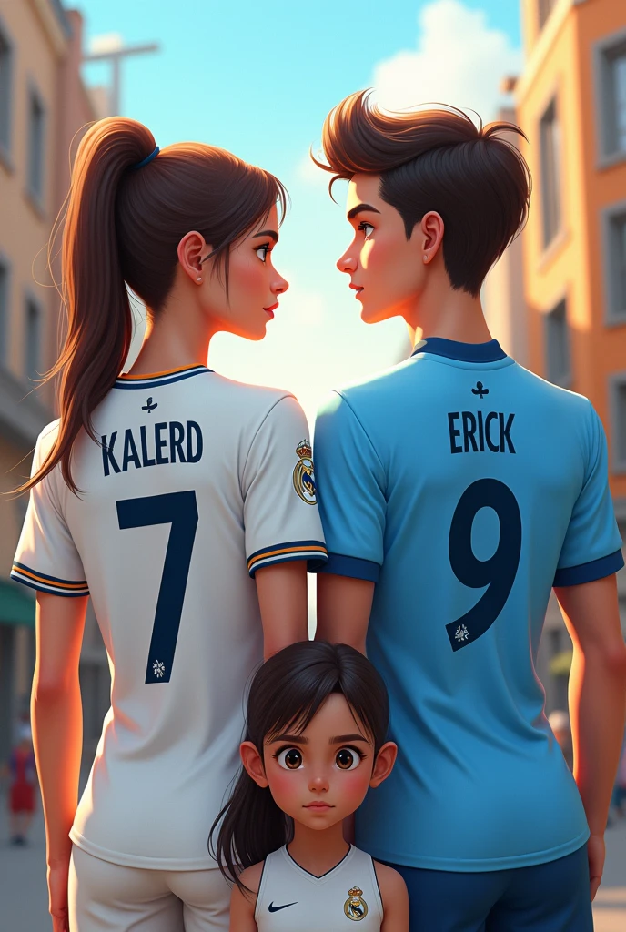 Woman and man from back number 7 named Katleen and the Real Madrid shirt and number 9 named Erick and the Manchester City shirt and the girl with her hair tied to one side
