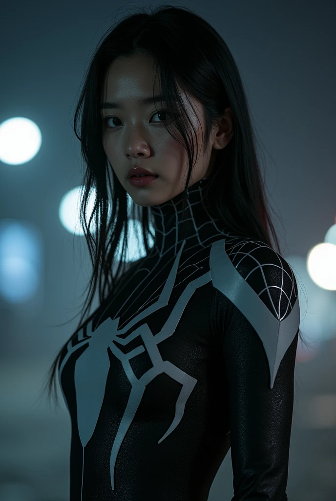 Create an image where a Korean woman wears a black and white spiderman suit, In the image you have to see only half of his body, and the background is night,