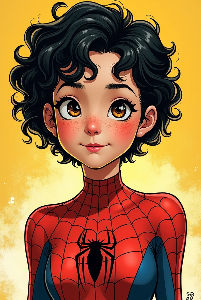 Make me a comic book girl dressed as spiderwoman, quite a bit of short black curly hair with the lower part of the hair yellow, semi-slanted eyes, semi wide nose with lots of freckles on his face, face outlined with something round, Very pretty semi-wide lips and white skin, black eyes with some brown.. we eat little, with a not so adult face
