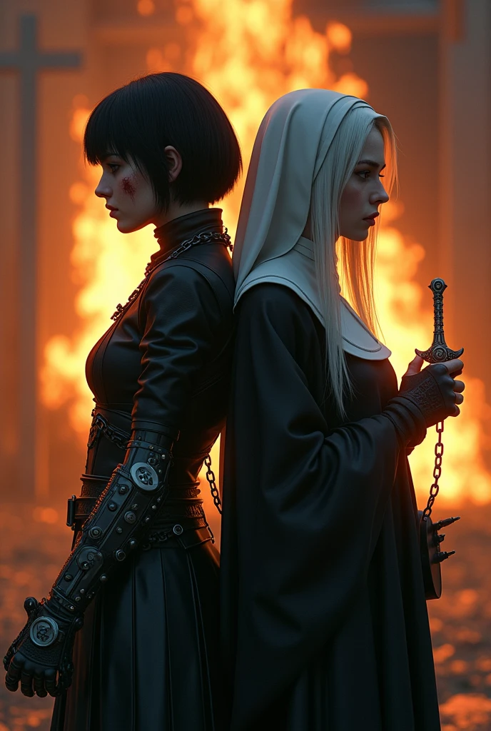 Two pale middle-aged girls chained back to back with violet eyes, with the one on the left with short black hair in dark alchemist clothes and a steampunk prosthesis, holding a dagger with the symbol of baphomet in his left hand, and a cut on the face, and the one on the right with white hair and white nun clothes holding a rosary, with a burning church behind, the night.