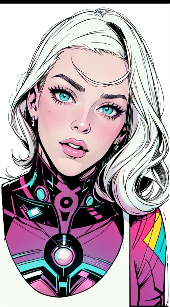work of art,extremely beautiful woman,excellent sense,neckleace,(((perfect very white background))),American comics,(((The perfect woman))),(speech bubble),stronger,(((A person))),colorfully,rainbow color,highly detailed upper body,breast enlargement,lines,high-detailed face,cyber punk,