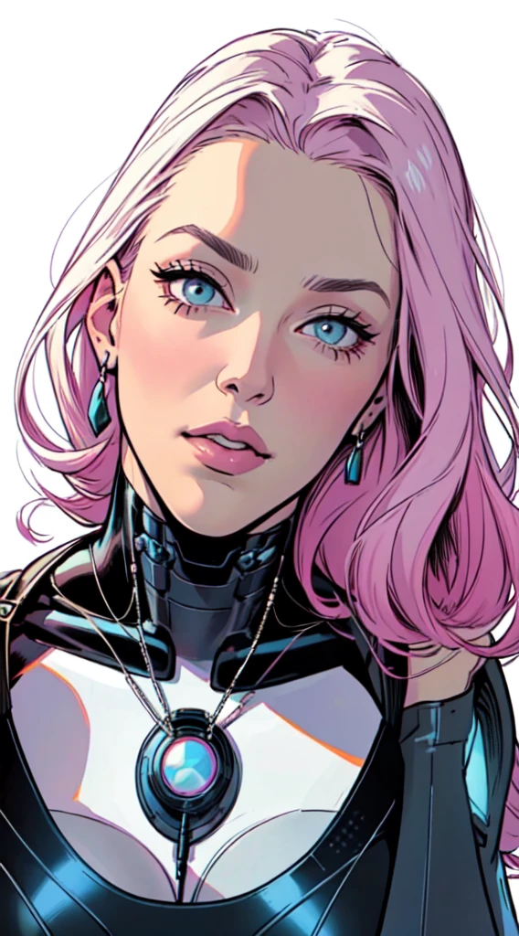 work of art,extremely beautiful woman,excellent sense,neckleace,(((perfect very white background))),American comics,(((The perfect woman))),(speech bubble),stronger,(((A person))),colorfully,rainbow color,highly detailed upper body,breast enlargement,lines,high-detailed face,cyber punk,