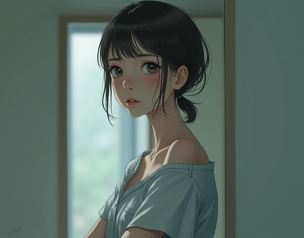Realistic glowing skin, (発Sweat:1.8),sitting backwards,Look back at your face,Always look at the camera,(発Sweat:1.8),(Beautiful nipples in real life:1.6),,(whole body:1.9),(発Sweatしたリアルな白い肌:1.9),White socks, (Black leather shoes:1.8),
,Cold look,Cold Stare,Black Hair,short hair,Tie your hair short,Silky translucent white skin,,(Very detailed美しい顔), Great face and eyes, (Highest quality:1.4), (Very detailedな), (Very detailed CG 統合 8k 壁紙), Very detailed, High resolution raw color photos, Professional photography, Realistic portrait,Sweat,,(A Cup:1.9),(Flat Chest:1.9),(Very small breasts:1.9),(Breast augmentation:0.1),(Small breasts beginning to swell:1.9),(Breasts during puberty:1.9),
, (少女のwhole bodyの詳細なRAW写真), Canon EOS R5 250mm, Sharp focus, Cinema Lighting, (No makeup:1.2), Fine skin, Delicate collarbone,,(Ultra-high resolution:1.6), (Realistic:1.6),,(Japanese junior high school girls:1.9),(whole body:1.8),(Sweatが滴る肌:1.9),(Black pleated skirt for the lower body only:1.9),(Sweatで滲んだ肌:1.9),(Age is :1.9),(Raise one hand above your head:2),(Topless:1.9),Height is 155cm,Non-erect, thin nipples,very small nipples,Natural nipples,Real girl nipples,Not disgusting nipples、 (Armpit hair just starting to grow:1.9),(sit cross-legged:1.9),Sitting cross-legged,Sit, (Sitting cross-legged:1.9),
