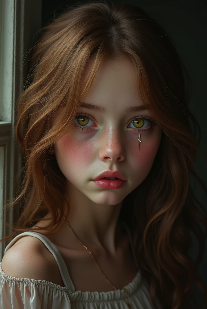 Young brown haired girl, yellow eyes, SHOWING THE FANGS, side view, looking in front of her, Realistic style.