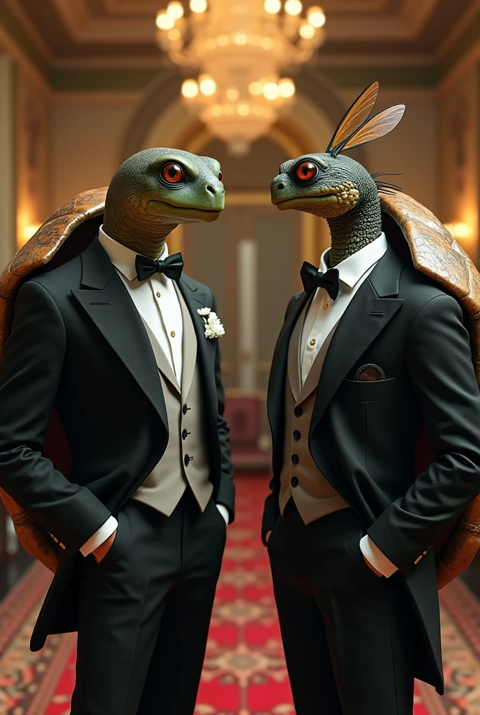 Mr. Turtle in an elegant black suit and Mr. Fly in an elegant white suit 