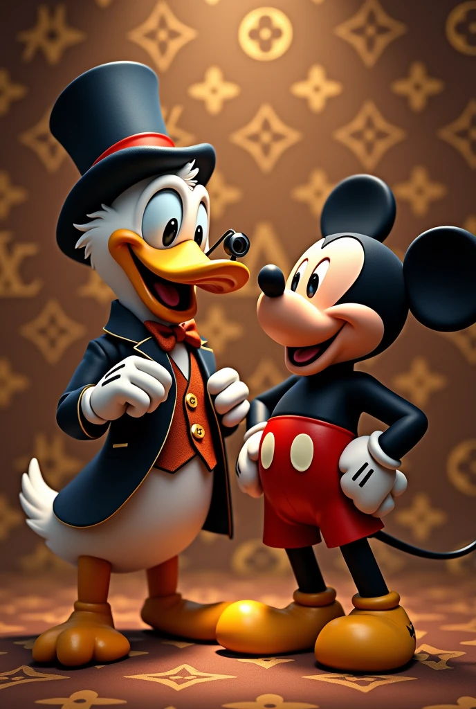 Dagobert Duck ans Mickey Mouse with a Louis Vuitton Monogram Background