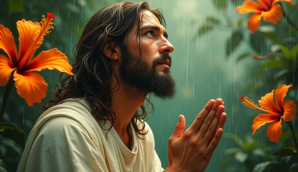 Visualize a dynamic dramatic pose (((Jesus in ultra-detail))), gracefully praying with an expression of faith. His eyes are hyper-detailed with his white robes, raindrops keep falling on his head, against a (healthy forest background) with an (artist's advanced attention to detail), he is enjoying the summer rain to pray, delicate features, impressionistic floral patterns, warm tones, 3 man's skin, ethereal glow, dreamlike portrait, long, thick hair, piercing eyes, small, well-defined nose, full lips, wearing white robes reminiscent of an ancient era in Jerusalem, painterly orange hibiscus, spiral plant arrangement, abstract shapes, shades of orange, dark green, red, purple, atmosphere of a lush rainforest, realistic figure with impressionistic background, whimsical composition; Masterpiece, green, orange, lime, violet and yellow, and complementary colors, ethereal aesthetics, 3 man's skin, delicate facial structure, abstract space, vibrant color palette, cascading raindrops, wet strands of hair, expressive eyes, emotive facial features, pleasure, dramatic atmosphere, blurred rain in the background, rich color palette, dynamic lighting contrasts, masterful realism, emotional depth.