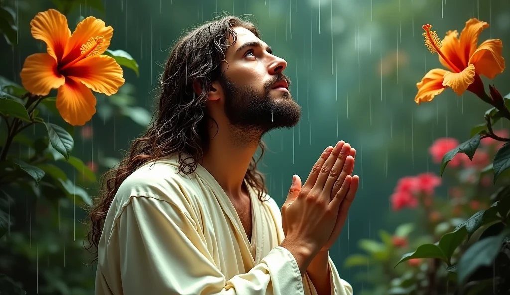 Visualize a dynamic dramatic pose (((Jesus in ultra-detail))), gracefully praying with an expression of faith. His eyes are hyper-detailed with his white robes, raindrops keep falling on his head, against a (healthy forest background) with an (artist's advanced attention to detail), he is enjoying the summer rain to pray, delicate features, impressionistic floral patterns, warm tones, 3 man's skin, ethereal glow, dreamlike portrait, long, thick hair, piercing eyes, small, well-defined nose, full lips, wearing white robes reminiscent of an ancient era in Jerusalem, painterly orange hibiscus, spiral plant arrangement, abstract shapes, shades of orange, dark green, red, purple, atmosphere of a lush rainforest, realistic figure with impressionistic background, whimsical composition; Masterpiece, green, orange, lime, violet and yellow, and complementary colors, ethereal aesthetics, 3 man's skin, delicate facial structure, abstract space, vibrant color palette, cascading raindrops, wet strands of hair, expressive eyes, emotive facial features, pleasure, dramatic atmosphere, blurred rain in the background, rich color palette, dynamic lighting contrasts, masterful realism, emotional depth.