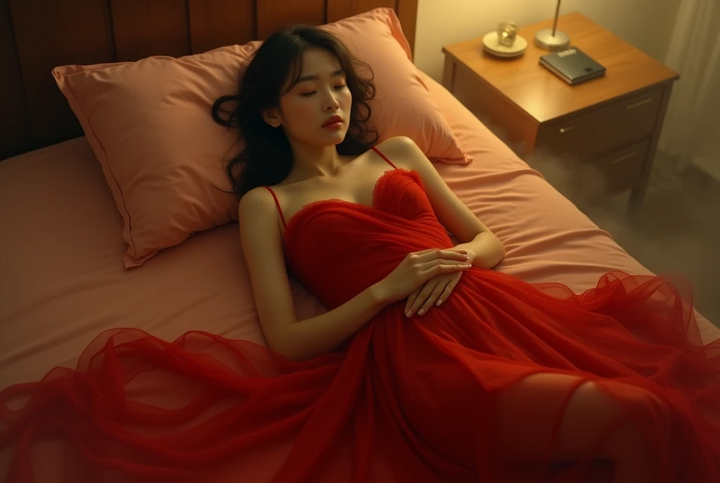 Photo réaliste, visage exposé, grand angle, (vu du dessus), jeune femme dormant sur le lit, robe couvrant tout son corps, robe rouge, pieds apparents sous la robe, corps de femme entièrement sculpté sous la robe, belle femme très réaliste , corps magnifique, une œuvre d'art formelle avec des détails élevés qui apparaissent sous la robe, une image réaliste, une image réaliste et lisse, une vue idéale de la jolie fille, une fille avec un visage très doux, se concentre sur le visage, le la lumière est faible, les tons de couleurs sont cohérents, le rétroéclairage a tendance à jaunir, le brouillard est épais.