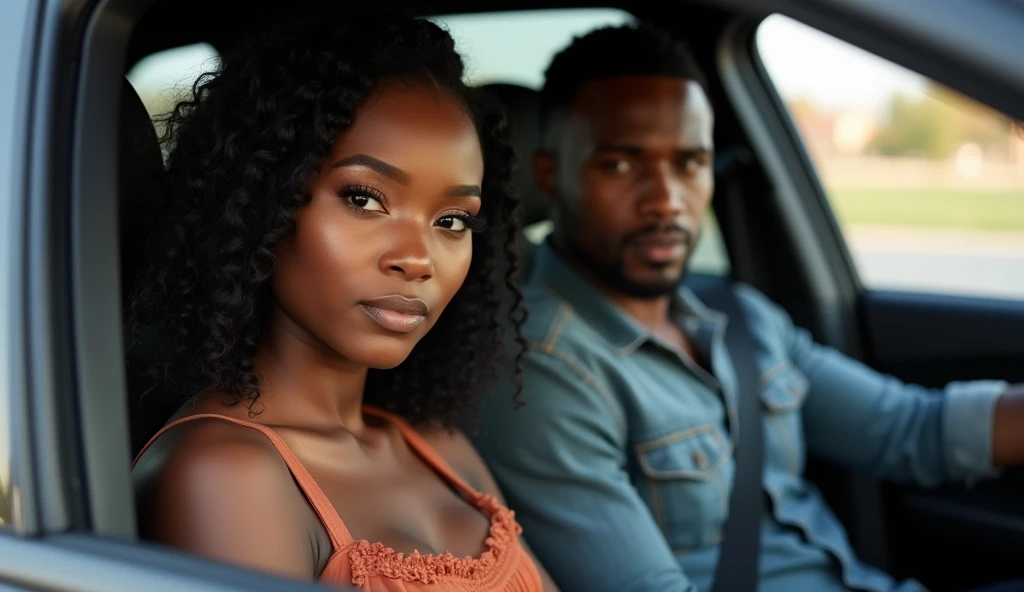 20-year old sexy, hot Nigerian female prostitute and her 30-year old male client sitting in a car.