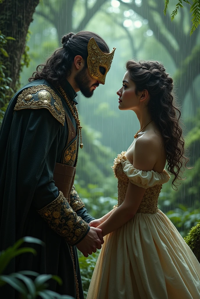 Medieval gentleman in mask with a brunette curly haired princess in the raining forest 