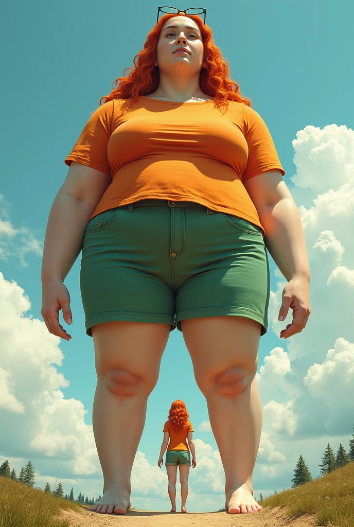 Create a large image of a 30 meter tall giant woman. She has orange hair, short orange shirt, short verde, SHE IS BAREFOOT, She has glasses and she is holding a man with her hands.
