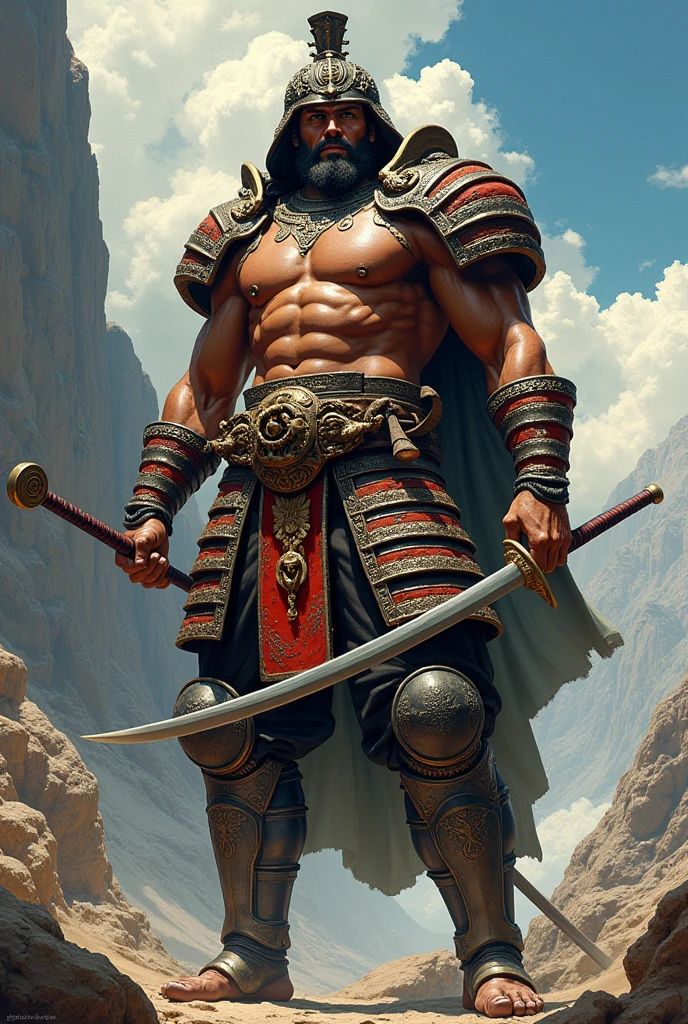 (A powerful samurai warrior with the strength and presence of Hercules,extremely detailed,wearing an armor that combines Japanese elements and Greek mythology,lion details carved on the shoulder,holding a katana in one hand and a club in the other,in a powerful and dramatic pose,Mount Olympus in the background,epic art,mixture of classic Greek elements with samurai aesthetics,dramatic color palette evoking strength and grandeur,dramatic illumination,detailed textures,inspired by Frazetta's art,grandiose atmosphere)