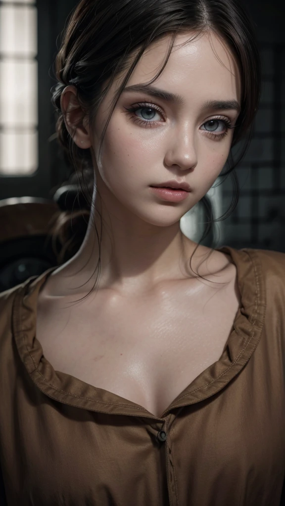 A beautiful woman, a young woman, a woman, face, beautiful detailed eyes, beautiful detailed lips, extremely detailed eyes and face, long eyelashes, detailed detailed, author machine, makeup, prison, prison uniform, photorealistic, 8k, cinematic, high quality, high definition, hyper realistic, dramatic lighting, dramatic shadows, chiaroscuro, rich details, intricate details, masterpiece [auto makeup]
