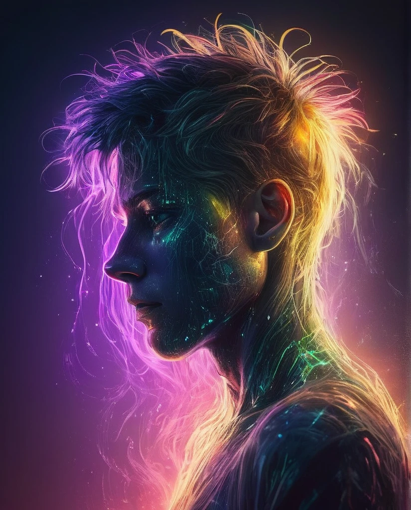 Ultra detailed illustration of the silhouette of a young boy, phantasmagorical figure, ((translucent skin:1.5))), (((translucent body:1.5)))), art by Mschiffer, neon lights, light particles, colorful, cmyk colors, backlit, cyberpunk