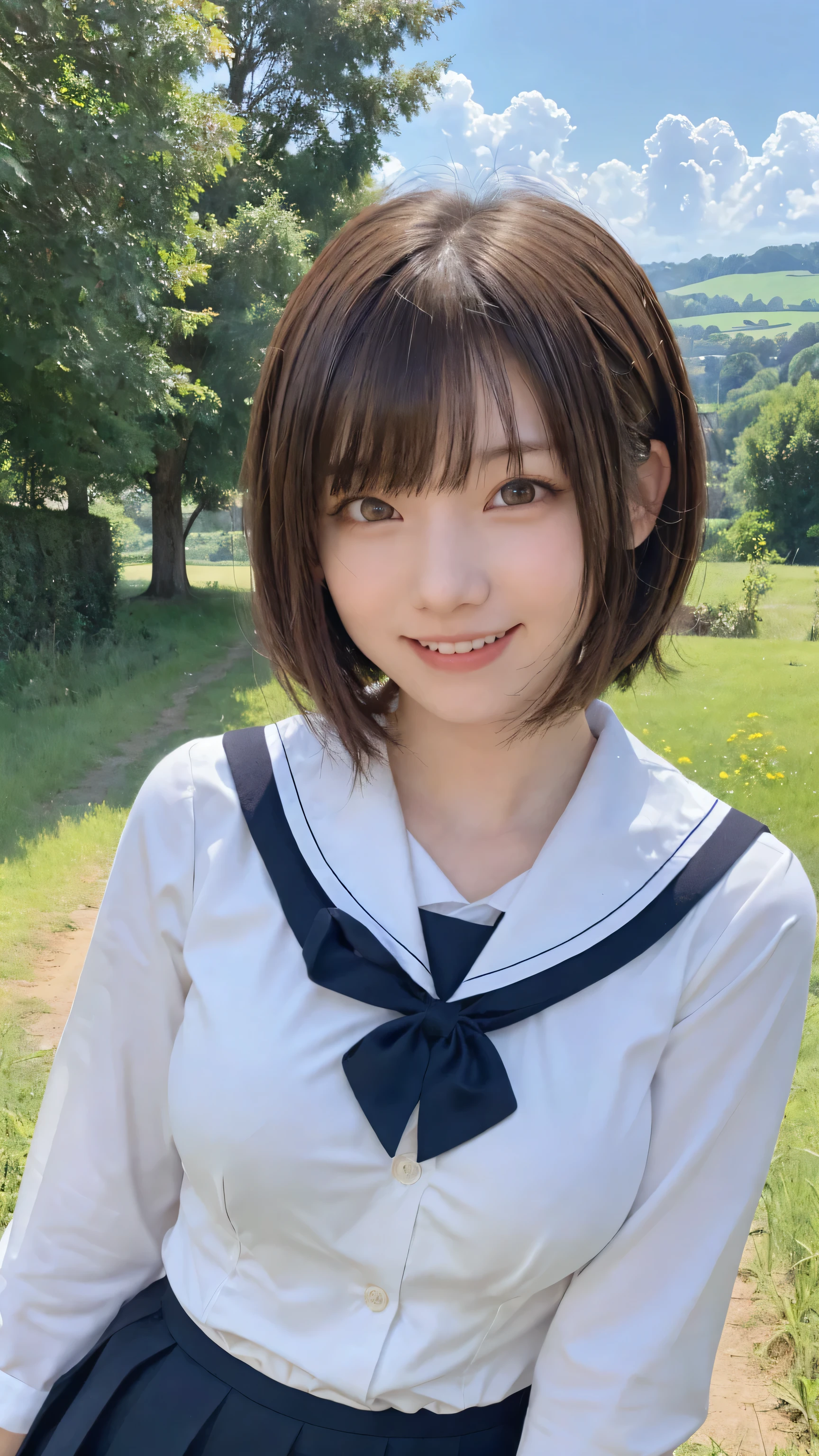 One person&#39;S, (beautiful girl, delicate:1.3), (:1.3),
break, (Lush countryside　background:1.2),
break, Embarrassed Laugh, Very beautiful eyes, (Symmetrical eyes:1.3),
break, (E cup breasts:1.3), School uniforms:1.3, Brown eyes, Parted bangs, Brown bob cut hair, Round face, cute,
break, (Eye and facial details:1.0),
break, (masterpiece, Highest quality, Very detailed, Detailed face, 8k)