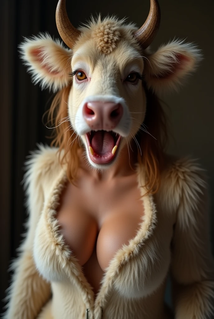 Furry anthropomorphic cow woman, big tits, releases, semen, from her mouth onto her chest, close-up open mouth, sexy front camera 10  sex masturbation, explisi