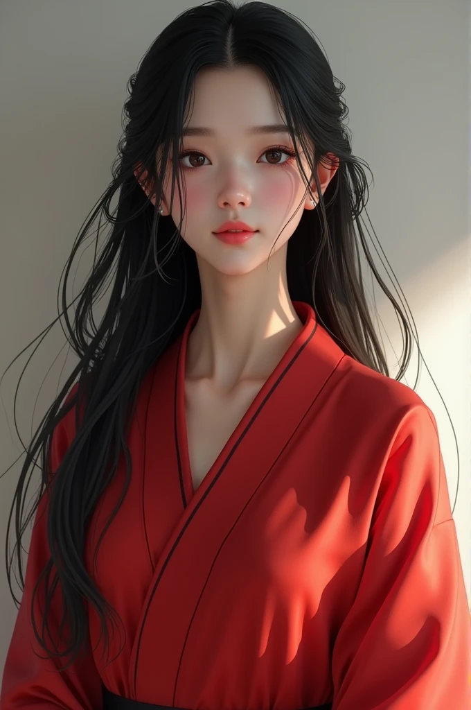 1girl, long black hair, wearing a red robe, smiling faintly, realistic details, realistic shadows, white skin