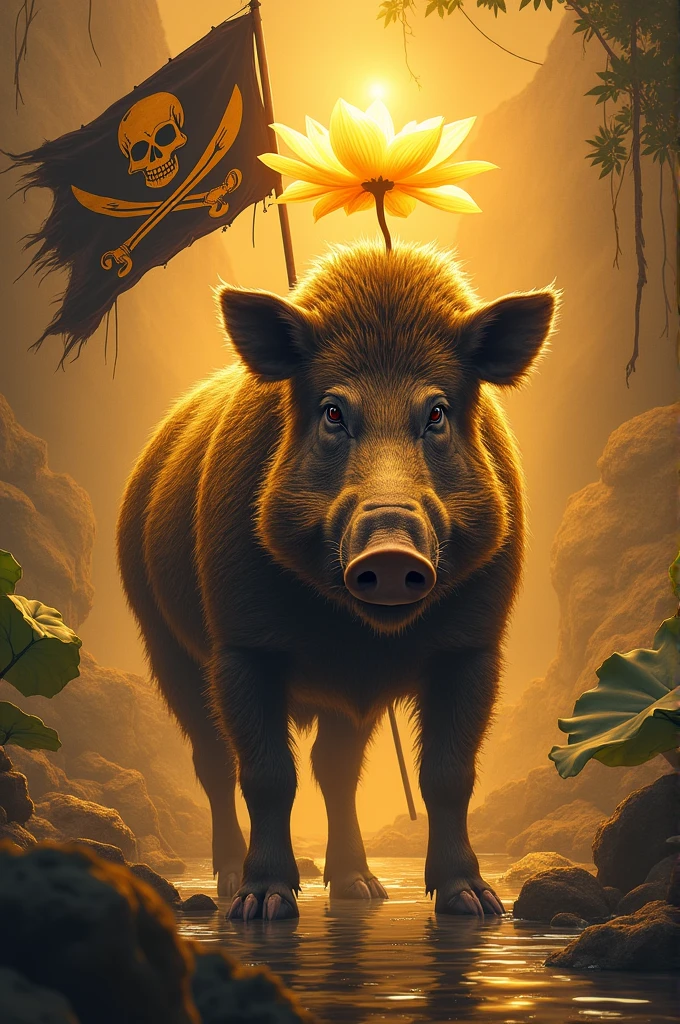 Create a boar with a golden lotus in the background with a pirate flag, written under the boar "Golden lótus"