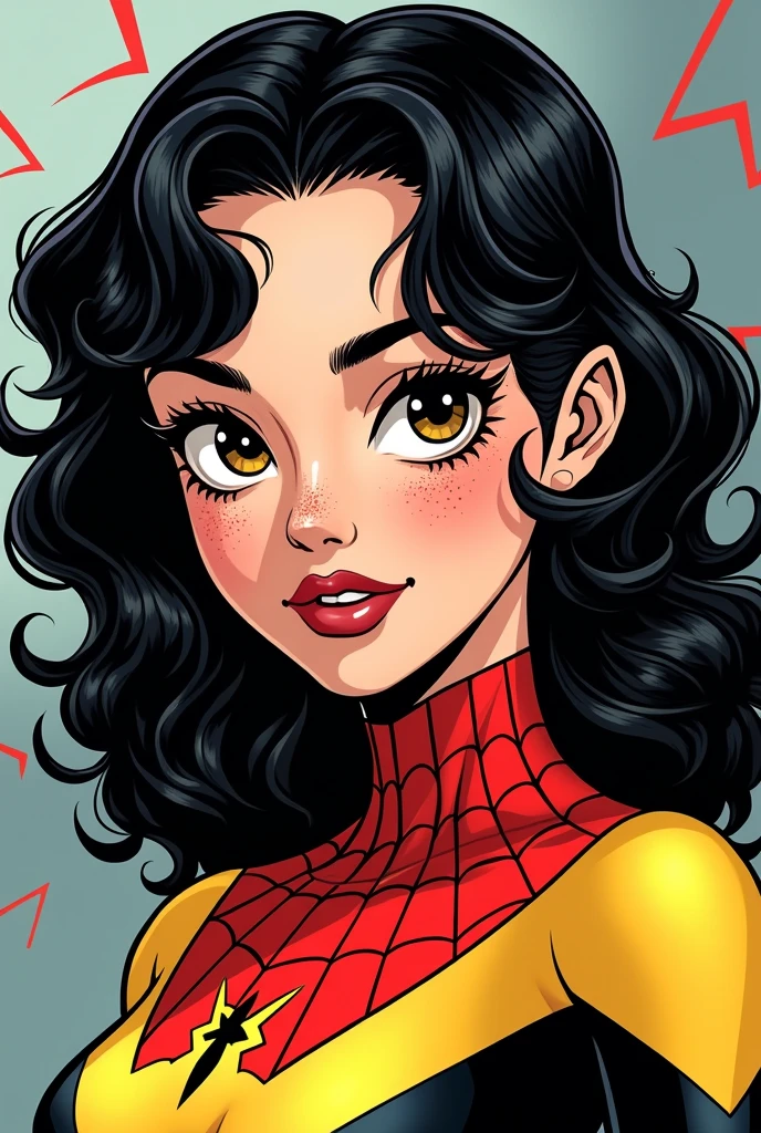 Make me a comic book girl dressed as spiderwoman, quite a bit of short curly black hair with the lower part of the hair being yellow, semi-slanted eyes, semi wide nose with lots of freckles on his face, face outlined with something round, Very pretty semi-wide lips and white skin, black eyes with some brown.. we eat little, with a not so adult face