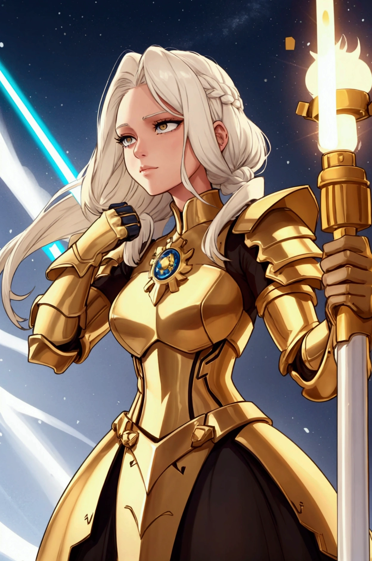 She has short, not very long, platinum blonde hair., with locks that frame her face, and golden eyes that shine with a warm and encouraging light. He wears light armor in shades of gold and white., which symbolizes purity and hope. His main weapon is a lightsaber., whose leaf seems to shine with a heavenly glow. Liora is extremely kind, optimistic and encouraging. Her positive nature and willingness to support others make her a key figure in keeping the group&#39;s spirits high.. She is always willing to offer a word of encouragement and help to those who need it., and his hopeful attitude is contagious. Although she is a formidable warrior, His focus is on inspiring and uplifting his peers rather than seeking conflict... Whole body
