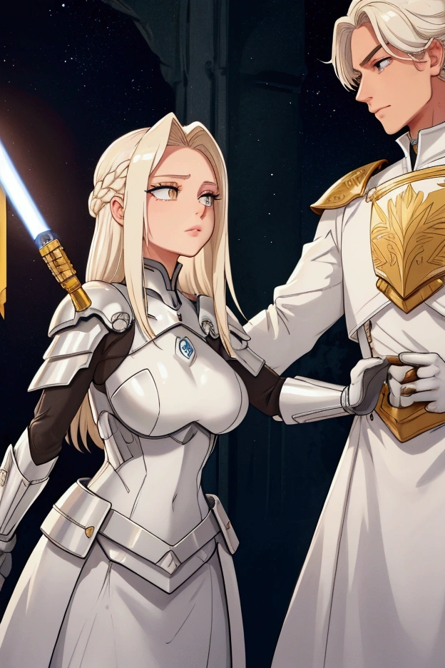 She has short, not very long, platinum blonde hair., with locks that frame her face, and golden eyes that shine with a warm and encouraging light. He wears light armor in shades of gold and white., which symbolizes purity and hope. His main weapon is a lightsaber., whose leaf seems to shine with a heavenly glow. Liora is extremely kind, optimistic and encouraging. Her positive nature and willingness to support others make her a key figure in keeping the group's spirits high.. She is always willing to offer a word of encouragement and help to those who need it., and his hopeful attitude is contagious. Although she is a formidable warrior, His focus is on inspiring and uplifting his peers rather than seeking conflict... Whole body