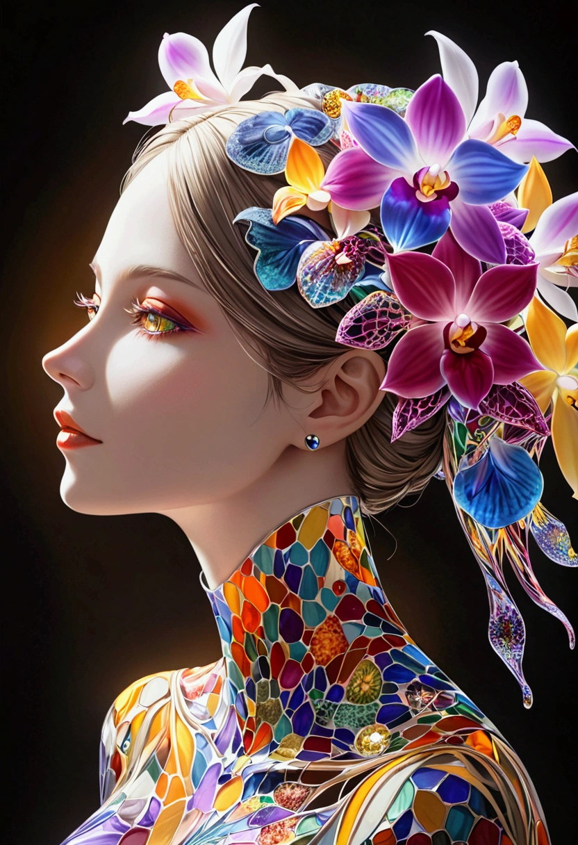 (masterpiece), (Highest quality), (Super Detail), none, psychedelic, Mysterious Woman, Portraiture, Color swirl, orchid, Beautifully expressive,Layered Outlines，Depth and size，Creative Expression，translucent form，Crystal structure，Glowing Lines，fluorescence，Glow Example，Tracking example，flash，fluorescence particles，Backlight，translucent，Light Particle Blur，Lighting Effects