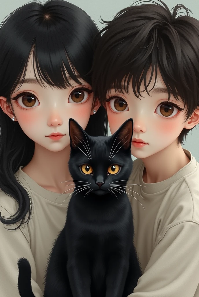 a white skinned girl, black hair and hair reaches to the shoulders, with waves and bangs. Brown eyes with eyeliner, On the right side of his nose he has a very small mole. Next to her a boy with short, dark brown hair, Medium brown and Chinese eyes. In the middle of them a black cat with brown eyes