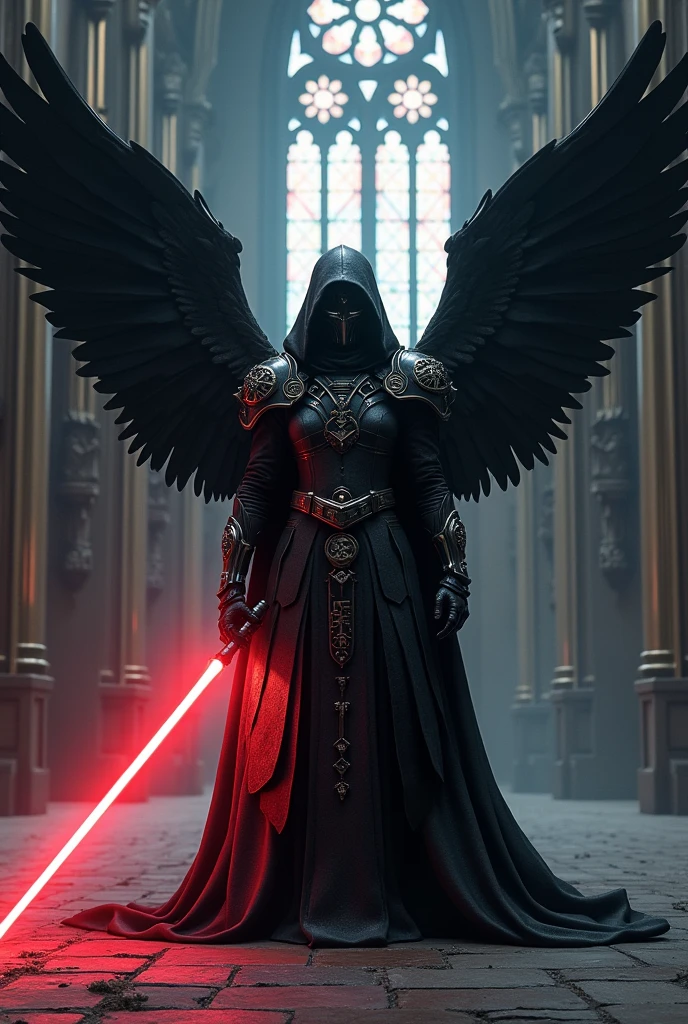 a catholic sith templar knight with black angel wings in front of a gothic church with a red lightsaber