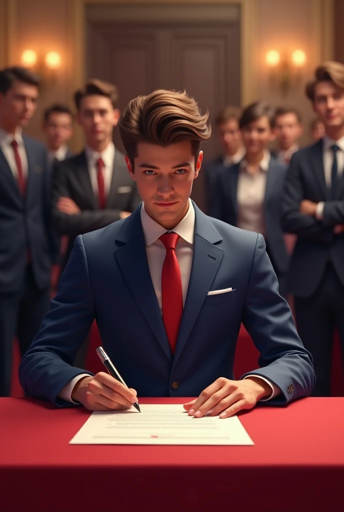 A young man putting on a blue suit and red tie.Signing documents where there are red carpets and a visible audience witnessing.