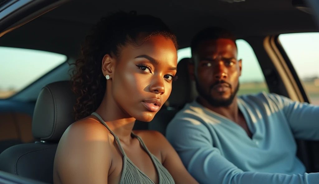 20-year old sexy, hot Nigerian female prostitute and her 30-year old male client sitting in a car.