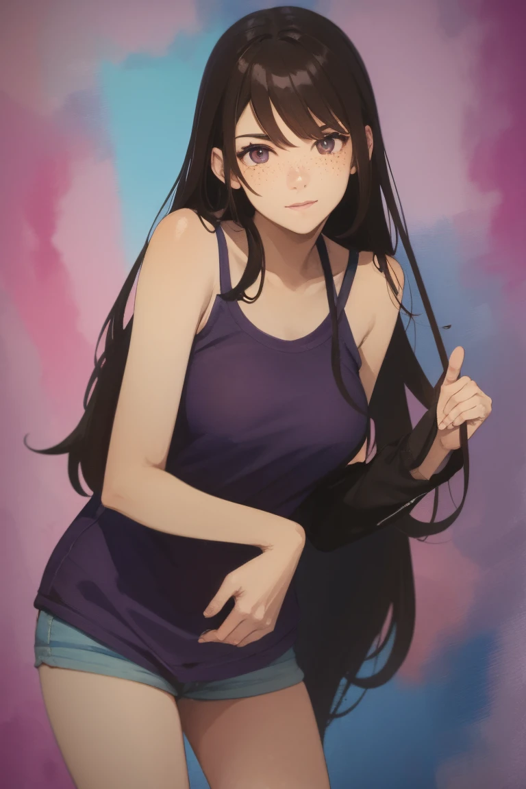 Full body, a woman with freckles, dark brown eyes, and an upturned nose, she is happy, with one peace sign hand, she has long wavy black hair, wearing aviator sunglasses with clear lenses in a soft watercolor style. The girl must be in pink, purple, and blue in celebration of the bisexual, with stains of ink and watercolor mixing and filling the scene. There should be a subtle, nuanced change in colors using the impasto technique with gouache paint. There should be a light rain in the watercolor painting with a little watercolor paper texture and a pastel background.