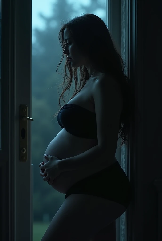 Young woman ..big curvy hips..big breasts..long hair...Russian..near the open door.. Looks into the darkness...crying.. But it's night outside.. (( Next frame..