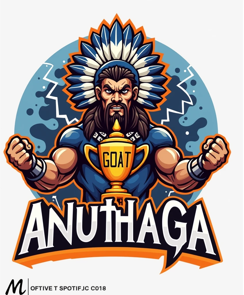 create a sports logo with the name "village" with a mascot God of thunder Tupã holding a trophy written "goat" por dentro