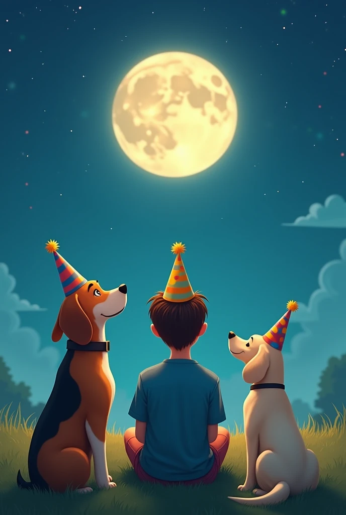 Two dogs with birthday hats back to back looking at the moon with a young man with birthday hat back to back sitting in the middle , A large beagle and a small Labrador