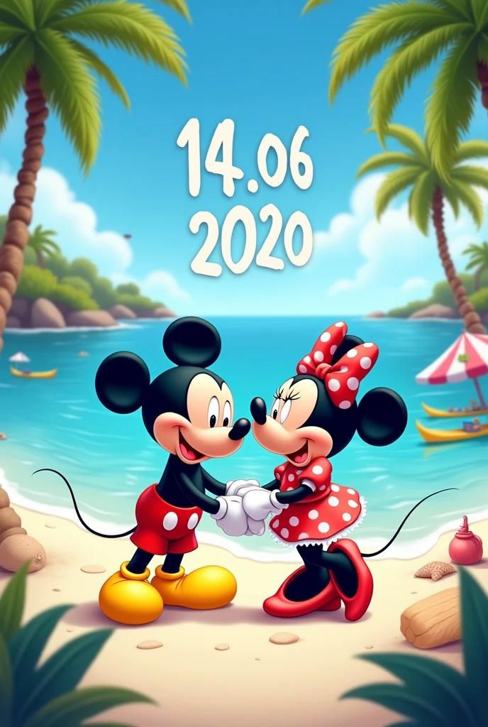 Mickey and Minnie Mouse on beach background with the Date 14.06.2020