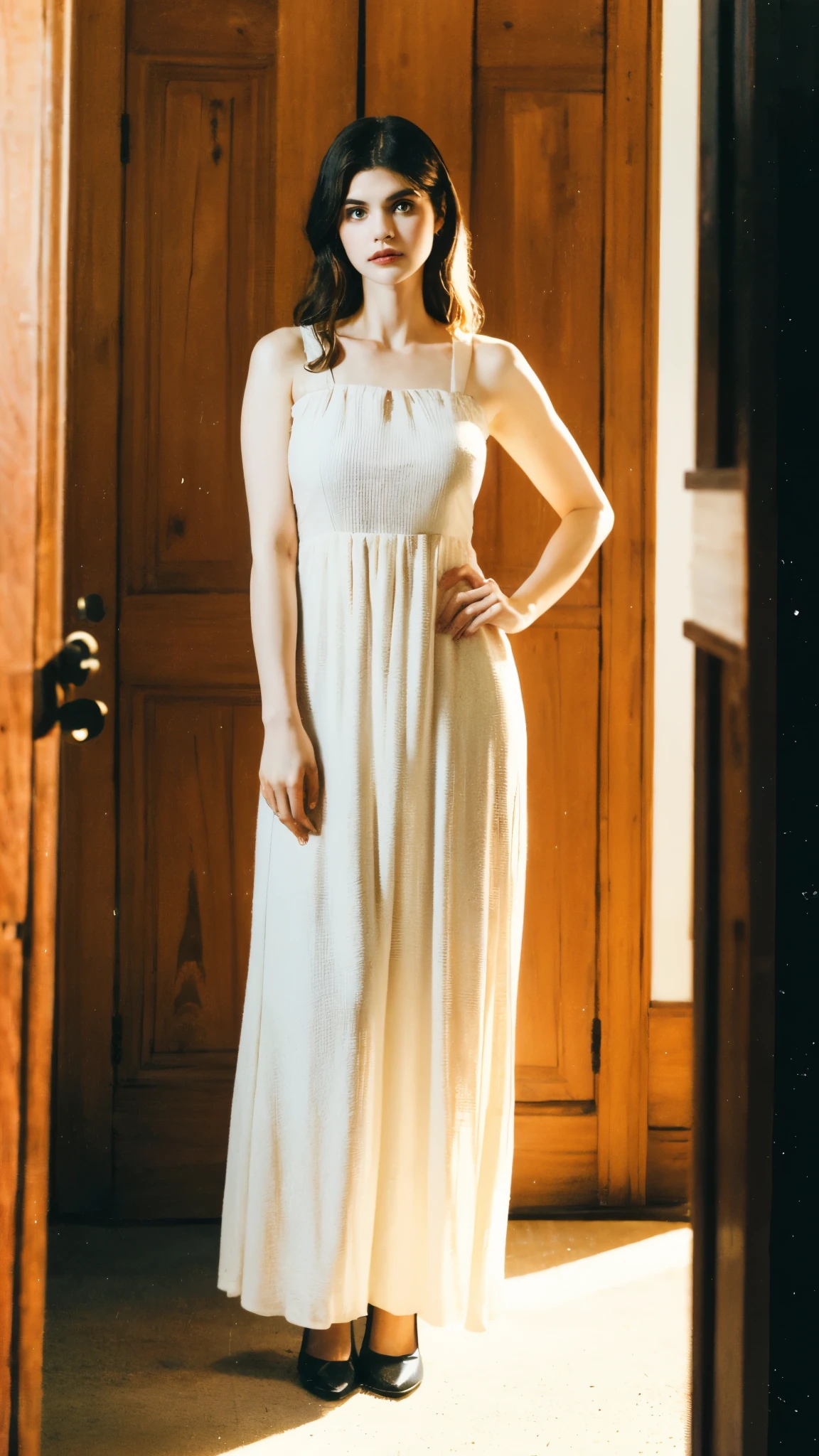(masterpiece:1.2, best quality:1.2, extremely delicate:1.2), ((Alexandra Daddario:1.2)), a ager girl with long deep red wavy hair, slender upturned eyebrows, sharp eyes, delicate features, ((a mix of Central Asian and European facial characteristics)), a hint of a smile at the corner of her mouth, exuding confidence, her figure is svelte, ((a fantasy-style long dress designed for both ease of movement and regal elegance, loose and comfortable trousers that match the outfit for ease of movement, red and white as the main color, complemented by yellow accents)), proudly standing with hands on hips, the scene is set in a majestic fantasy-style ancient city that melds Chinese and Japanese architectural influences, this character embodies a finely crafted fantasy-style female villain, exquisite photography, Photo realism, photorealistic, goddess, pale skin, perfect skin, textured skin, detailed skin, porcelain skin, dramatic, high definition, highres, ultra-detailed, ultra-fine painting, professional, perfect body proportions, golden ratio, anatomically correct, symmetrical face, perfect eyes, extremely detailed eyes and face, high quality eyes, creativity, RAW photo, UHD, 32k, Natural light, cinematic lighting, (masterpiece-anatomy-perfect:1.2)