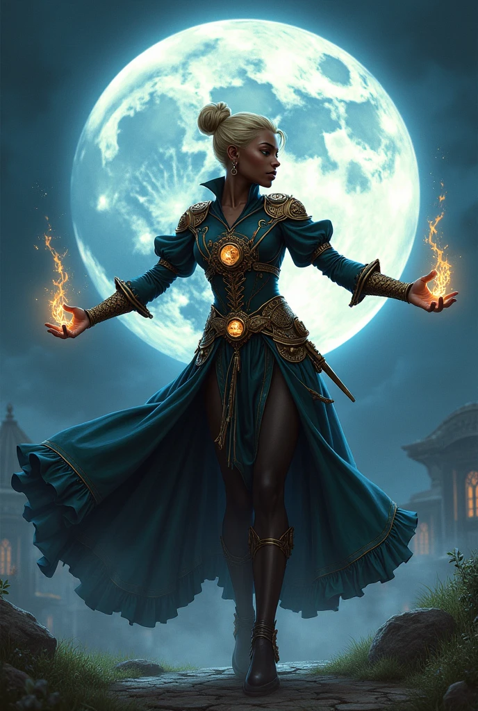 Imagine a black woman, appearing full body, with short light blonde hair tied up, similar to Mel Medarda from Arcane, arcane vesture, doing a magic casting pose, in a medieval fantasy setting with the full moon in the background, in digital drawing steampunk style