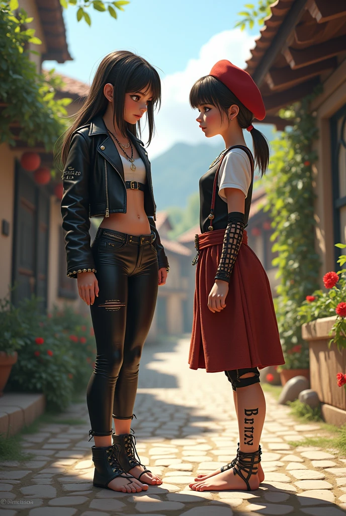 Barefoot burglar girl leather jacket Latex pants and village girl wearing country outfit also barefoot